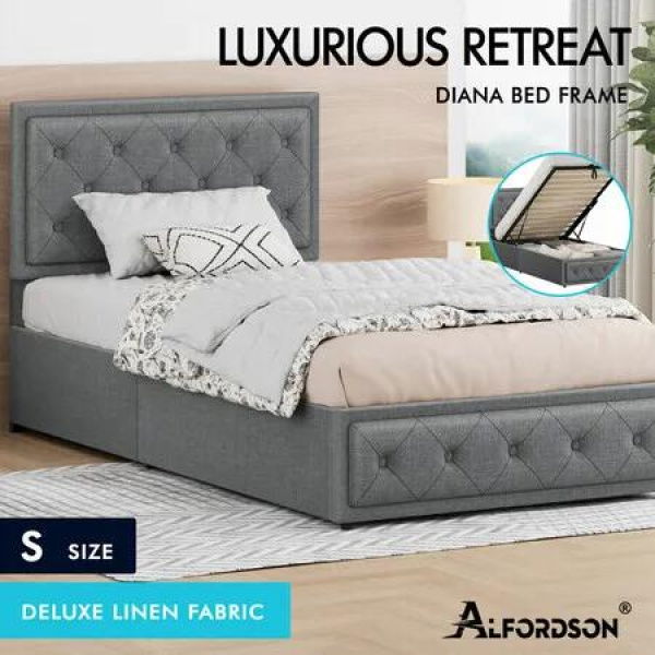 ALFORDSON Bed Frame Single Size Gas Lift Storage Mattress Base Fabric Grey DIANA