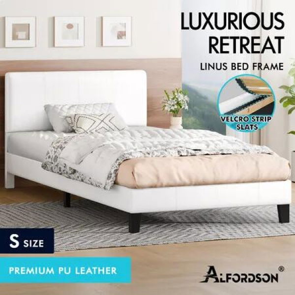 ALFORDSON Bed Frame Single Size Mattress Base Platform Leather White Linus