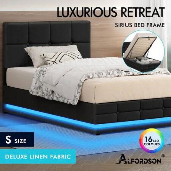 ALFORDSON Bed Frame Single Size Platform RGB LED Gas Lift Base Storage Charcoal