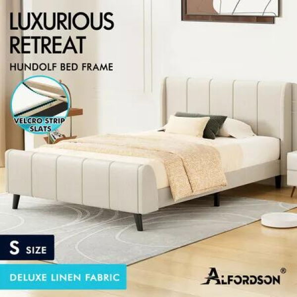 ALFORDSON Bed Frame Single Size Tufted Headboard Base Beige Fabric HUNDOLF
