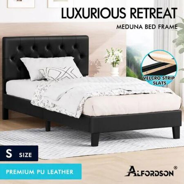 ALFORDSON Bed Frame Single Size Tufted Headboard Modern Leather Black Meduna