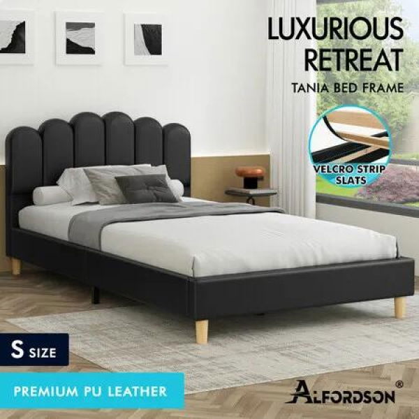 ALFORDSON Bed Frame Single Size Upholstered Platform Base Leather Black TANIA