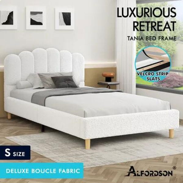 ALFORDSON Bed Frame Single Size Upholstered Platform Base White Boucle TANIA