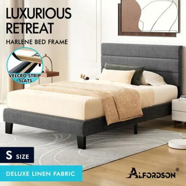 ALFORDSON Bed Frame Single Size Upholstered Platform Grey Fabric HARLENE