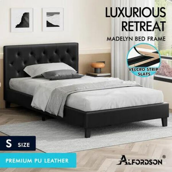 ALFORDSON Bed Frame Single Size Wooden Base Platform Leather Black MADELYN