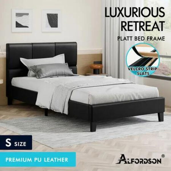 ALFORDSON Bed Frame Single Size Wooden Platform Mattress Base Leather Black