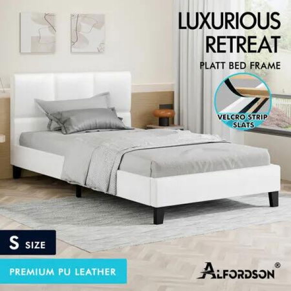 ALFORDSON Bed Frame Single Size Wooden Platform Mattress Base Leather White