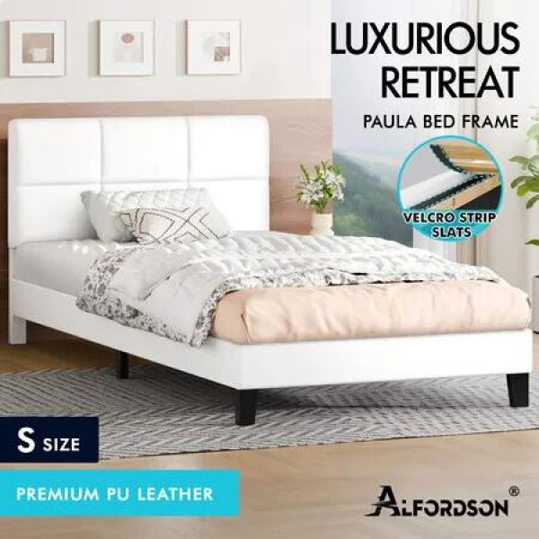 ALFORDSON Bed Frame Single Size Wooden Slats Platform Leather White Paula