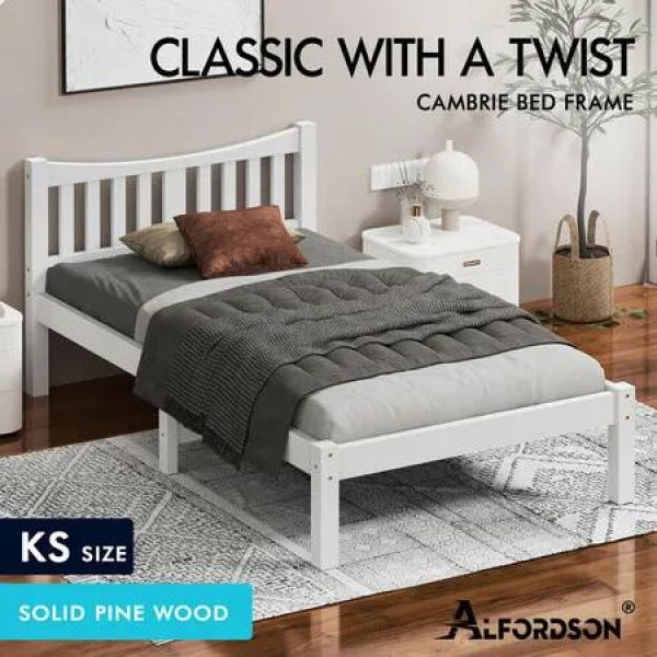 ALFORDSON Bed Frame Wooden King Single Solid Pine Timber Base White CAMBRIE