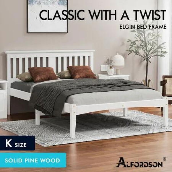 ALFORDSON Bed Frame Wooden Timber King Size Mattress Base Platform White ELGIN