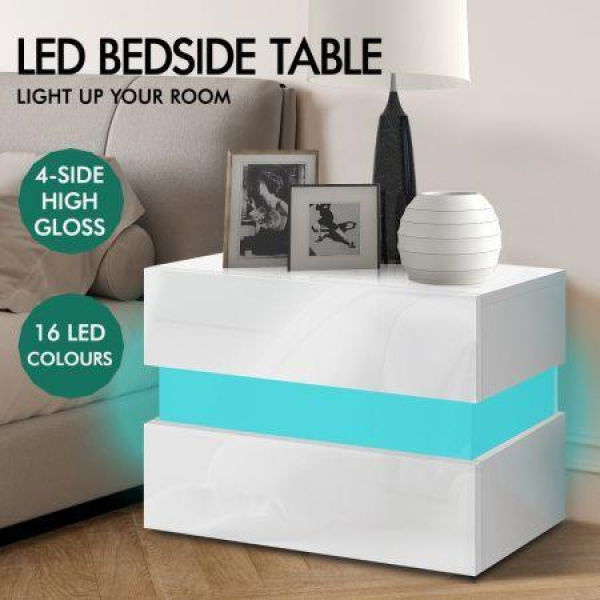 ALFORDSON Bedside Table RGB LED Nightstand 2 Drawers 4 Side High Gloss White