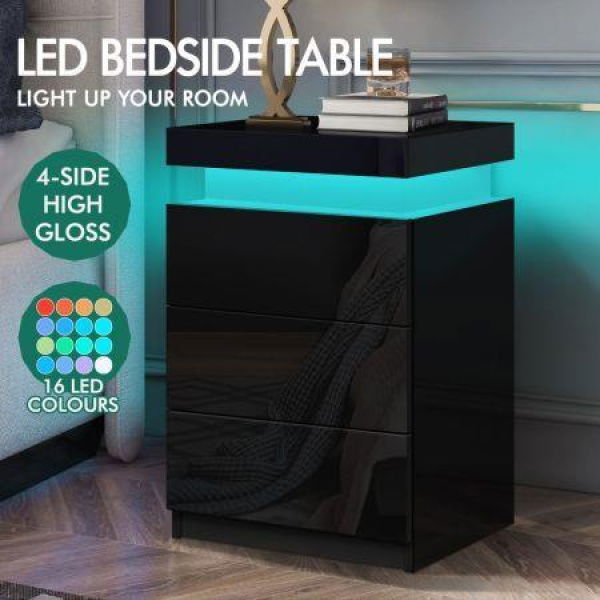 ALFORDSON Bedside Table RGB LED Nightstand 3 Drawers 4 Side High Gloss Black