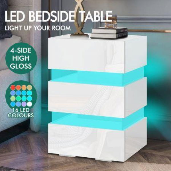 ALFORDSON Bedside Table RGB LED Nightstand 3 Drawers 4 Side High Gloss White