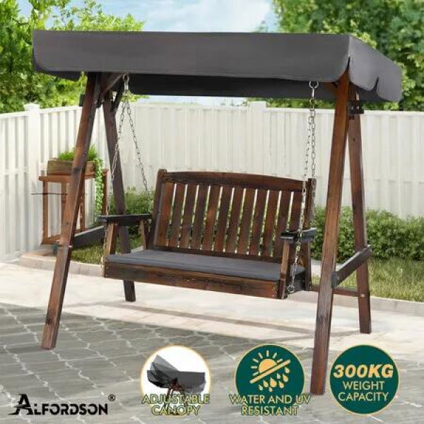 ALFORDSON Canopy Swing Chair 2 Seater Garden Wooden Charcoal