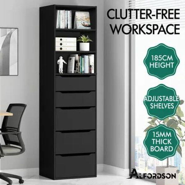 ALFORDSON Chest of 5 Drawers Office Storage Cabinet Tallboy Bedroom Black
