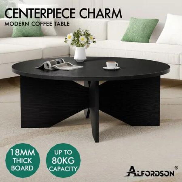 ALFORDSON Coffee Table Modern Round Table X-shape Wooden Legs Living Room Black