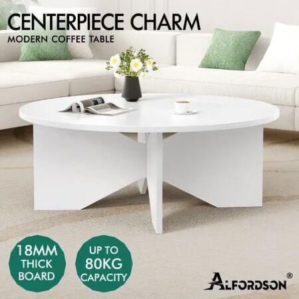 ALFORDSON Coffee Table Modern Round Table X-shape Wooden Legs Living Room White