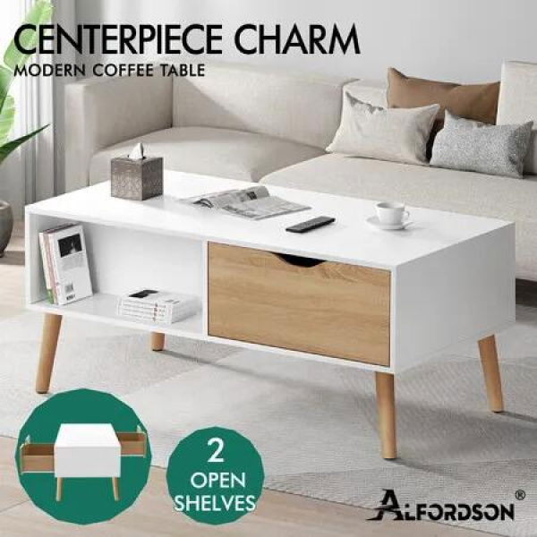 ALFORDSON Coffee Table Storage Tables 2 Drawers Shelf Modern Desk Whtie/Wood