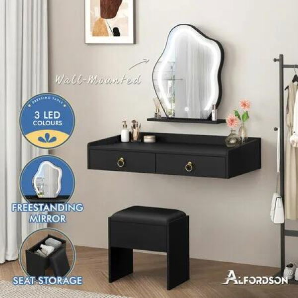 ALFORDSON Dressing Table Stool Set Floating Makeup Mirror LED Vanity Desk Black