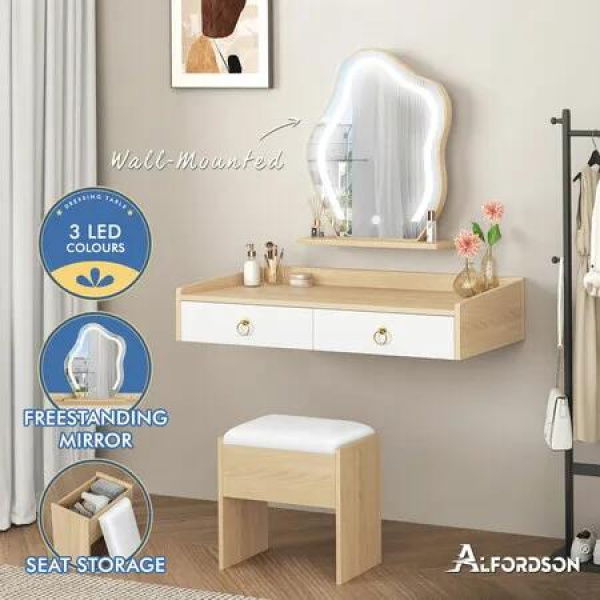 ALFORDSON Dressing Table Stool Set Floating Makeup Mirror LED Vanity Desk Oak
