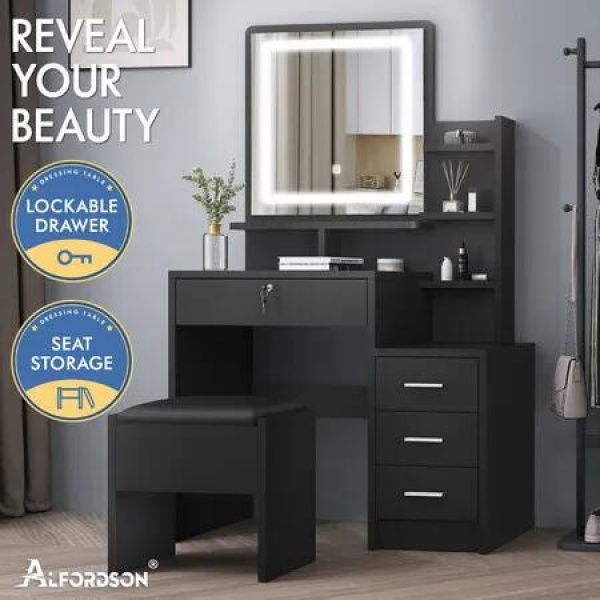 ALFORDSON Dressing Table Stool Set LED Makeup Mirror Vanity Desk Cabinet Black