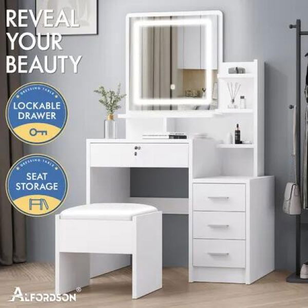 ALFORDSON Dressing Table Stool Set LED Makeup Mirror Vanity Desk Cabinet White