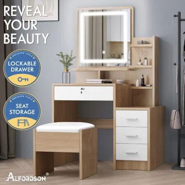 ALFORDSON Dressing Table Stool Set LED Makeup Mirror Vanity Desk Cabinet Wood