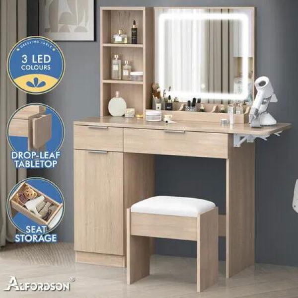 ALFORDSON Dressing Table Stool Set LED Vanity Desk Makeup Mirror Drawers Wood