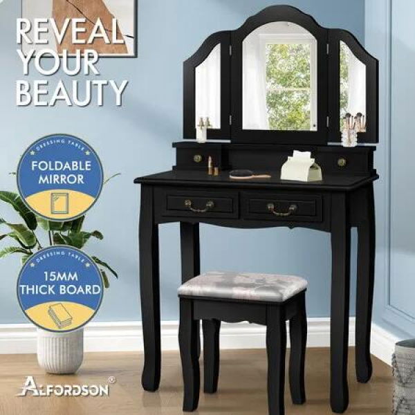 ALFORDSON Dressing Table Stool Set Makeup Foldable Mirror Vanity Desk Black