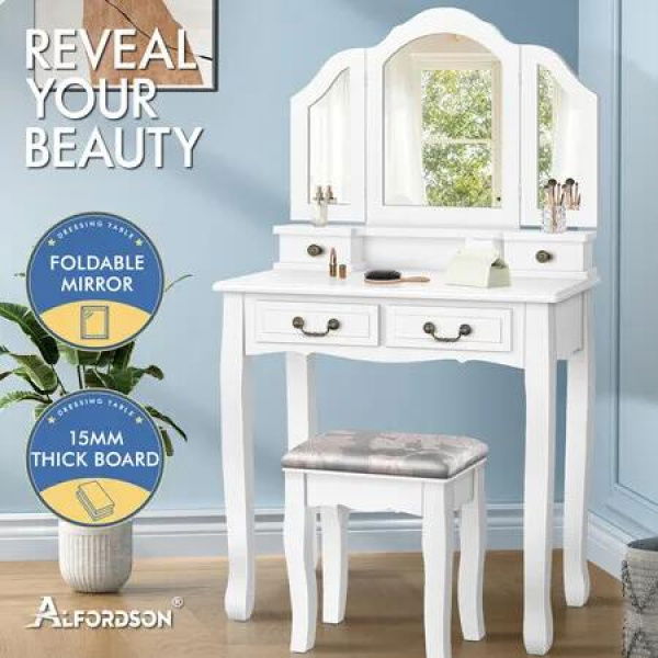 ALFORDSON Dressing Table Stool Set Makeup Foldable Mirror Vanity Desk White