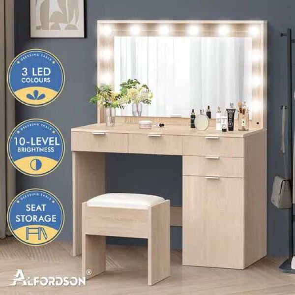 ALFORDSON Dressing Table Stool Set Makeup Mirror Desk 12 LED Bulbs Wood