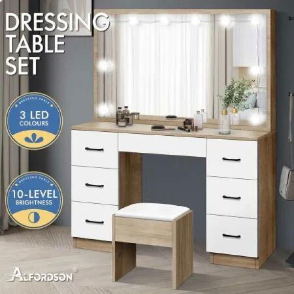 ALFORDSON Dressing Table Stool Set Makeup Mirror Desk LED 10 Bulbs Oak