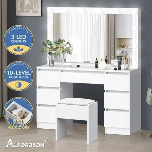 ALFORDSON Dressing Table Stool Set Makeup Mirror Desk LED 12 Bulbs White