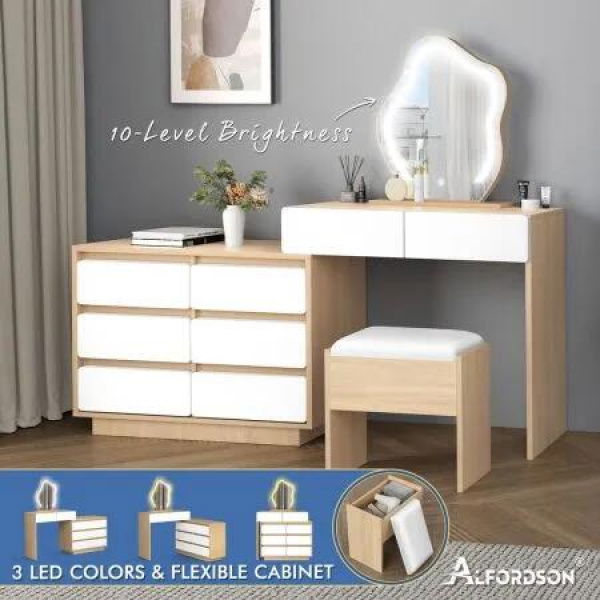 ALFORDSON Dressing Table Stool Set Makeup Mirror Desk LED 8 Drawers Oak