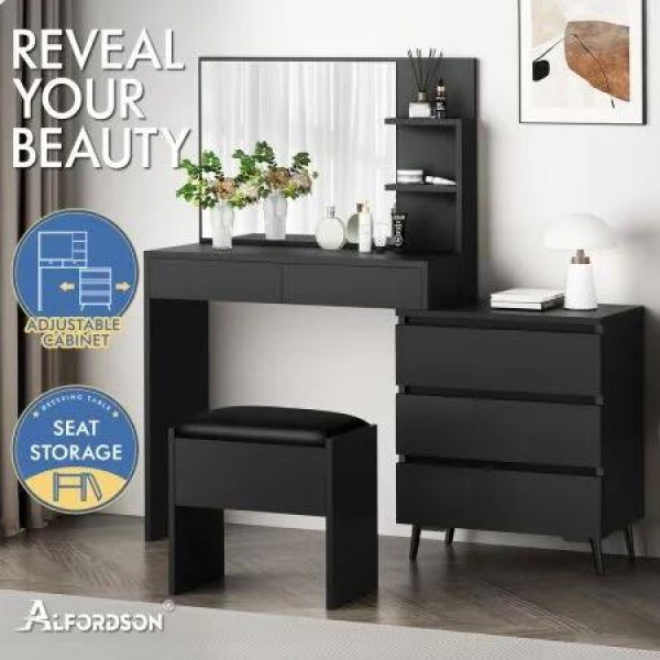 ALFORDSON Dressing Table Stool Set Makeup Mirror Desk Storage Cabinet Black
