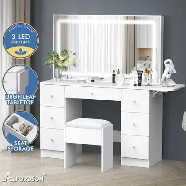 ALFORDSON Dressing Table Stool Set Makeup Mirror LED Vanity Desk 7 Drawers White