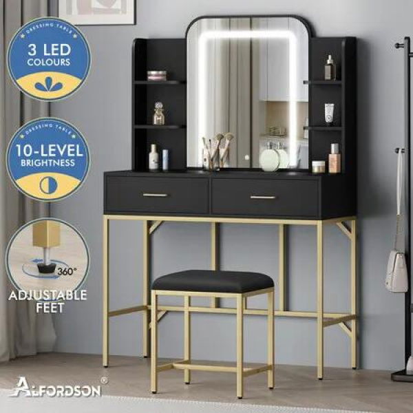 ALFORDSON Dressing Table Stool Set Makeup Mirror LED Vanity Desk Metal Black