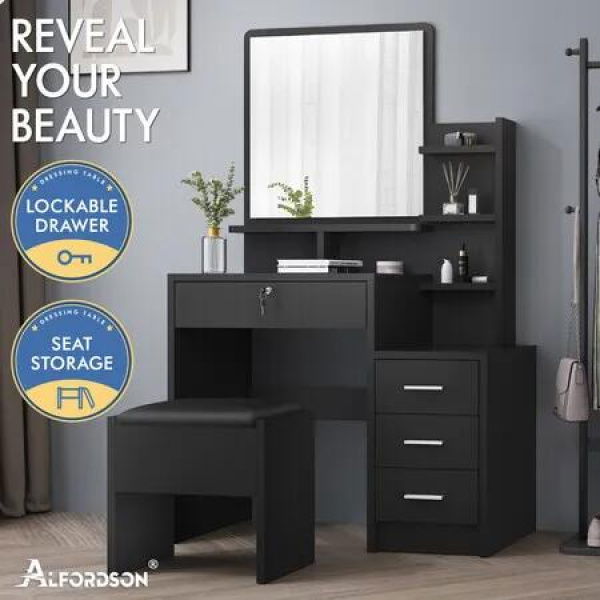 ALFORDSON Dressing Table Stool Set Makeup Mirror Vanity Desk Cabinet Black