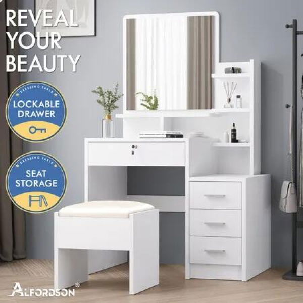 ALFORDSON Dressing Table Stool Set Makeup Mirror Vanity Desk Cabinet White