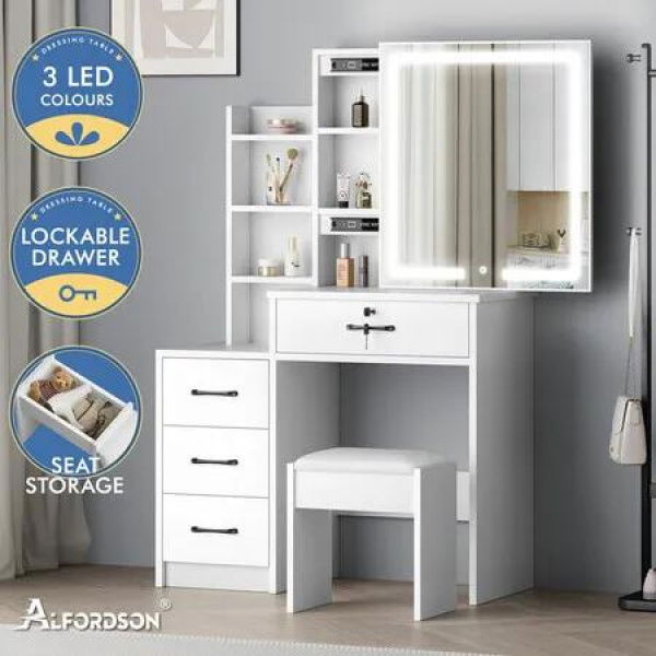 ALFORDSON Dressing Table Stool Set Makeup Mirror Vanity Desk Cabinet White