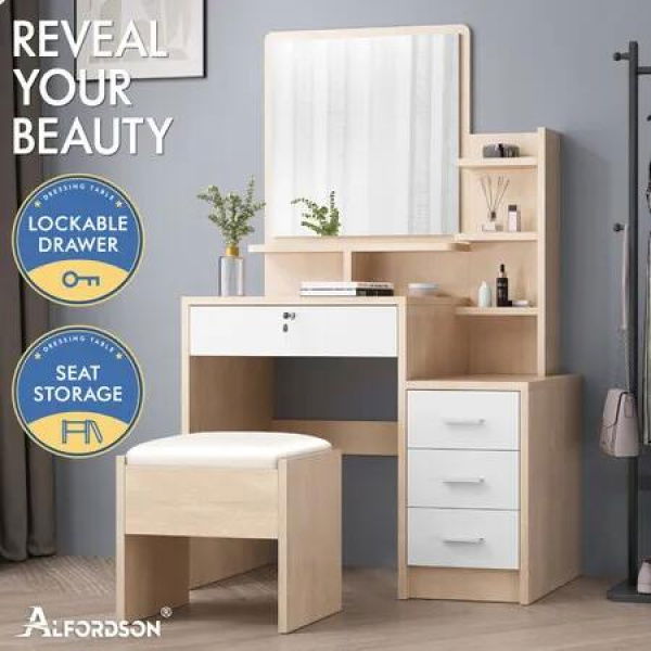 ALFORDSON Dressing Table Stool Set Makeup Mirror Vanity Desk Cabinet Wood