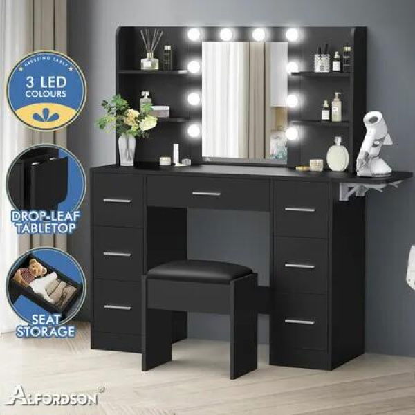 ALFORDSON Dressing Table Stool Set Makeup Mirror Vanity Desk LED Bulbs Black