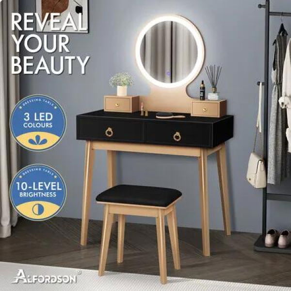 ALFORDSON Dressing Table Stool Set Makeup Mirror Vanity Desk LED Light Black