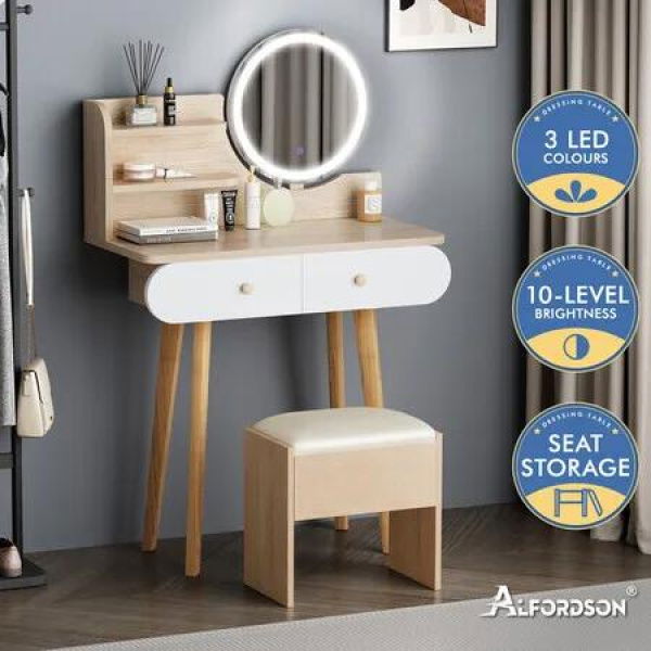 ALFORDSON Dressing Table Stool Set Makeup Mirror Vanity Desk LED Lights Wood