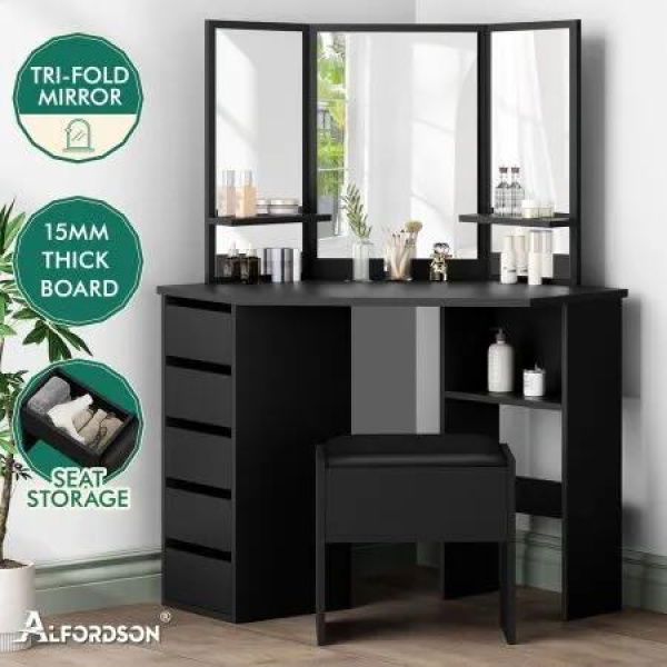 ALFORDSON Dressing Table Stool Set Makeup Tri-fold Mirror Vanity Desk Black