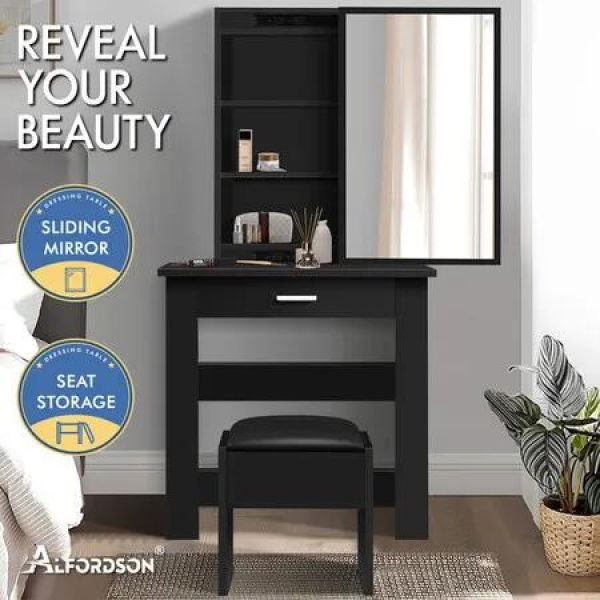 ALFORDSON Dressing Table Stool Set Sliding Makeup Mirror Vanity Desk Black