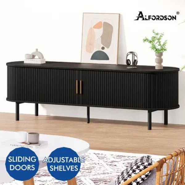 ALFORDSON Entertainment Unit TV Cabinet Stand 160cm Tambour Sliding Doors Black