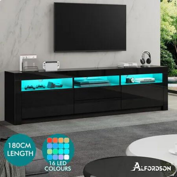 ALFORDSON Entertainment Unit TV Cabinet Stand LED RGB Gloss 180cm Black