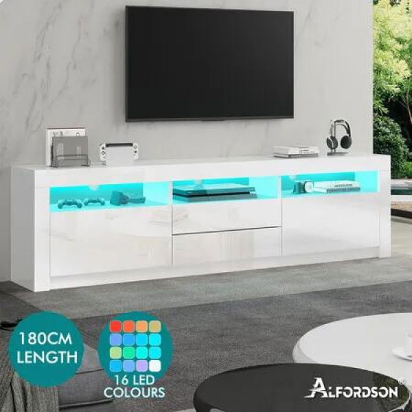 ALFORDSON Entertainment Unit TV Cabinet Stand LED RGB Gloss 180cm White