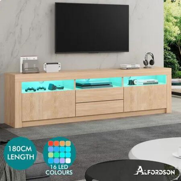 ALFORDSON Entertainment Unit TV Cabinet Stand LED RGB Storage180cm Oak